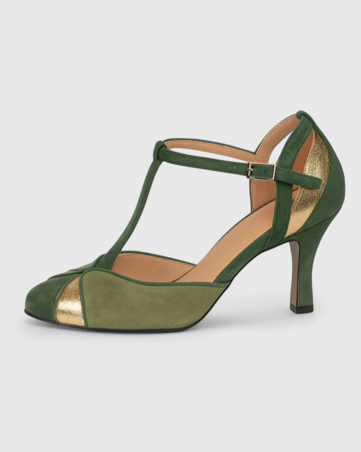 Sandalia de Tacón Ancho de Piel Verde