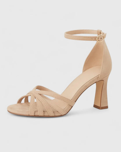 Sandalia de Tacón de Bloque de Piel Beige