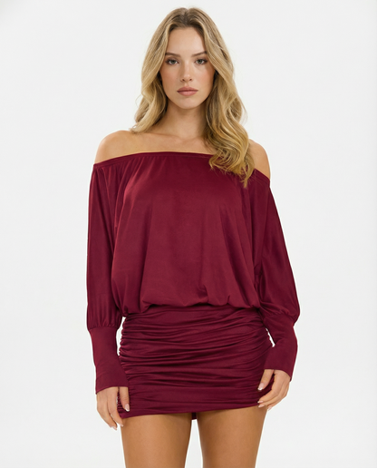 Noemí | Vestido Corto Fruncido de Hombros Caídos