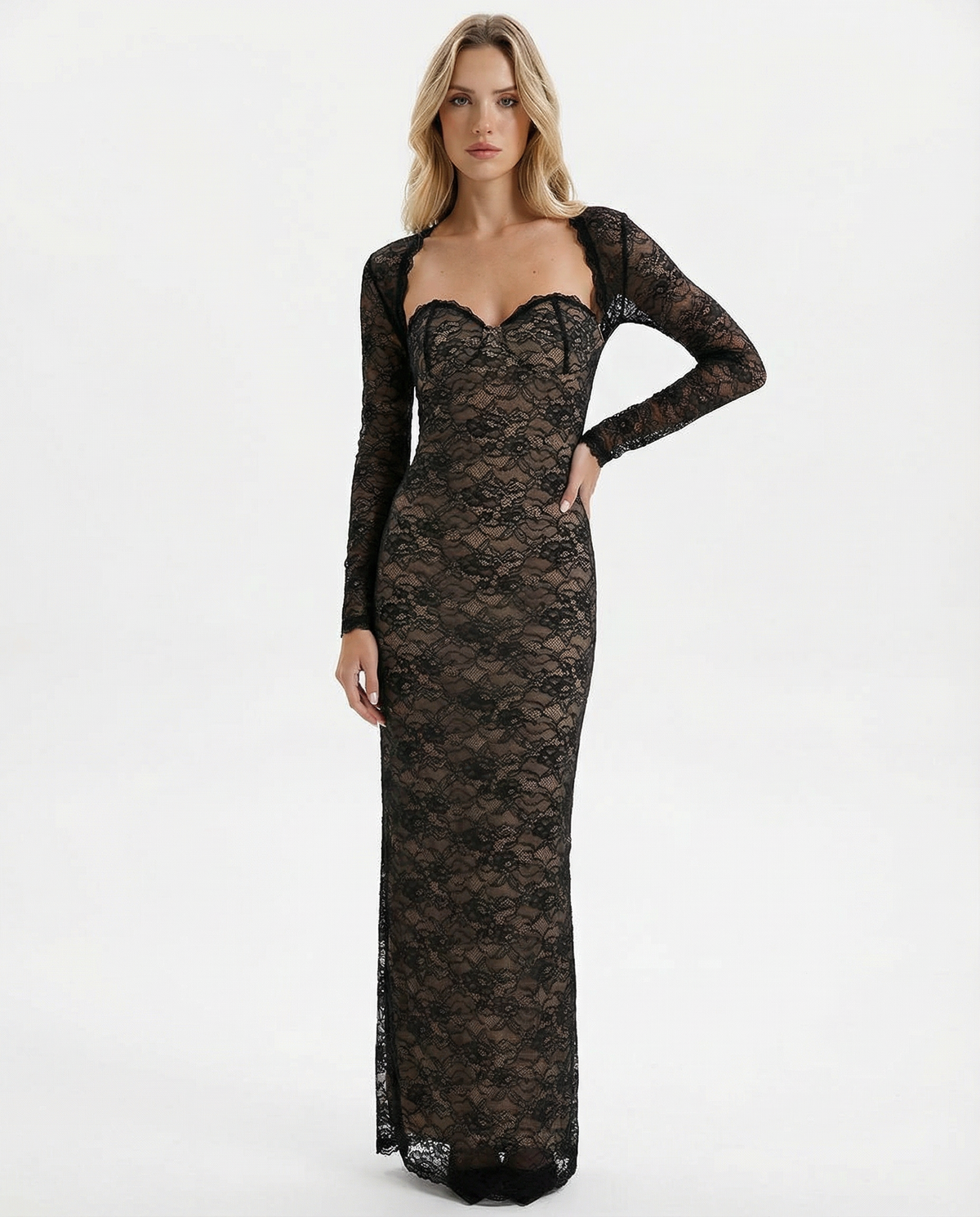 Celia | Vestido Largo de Encaje con Mangas Desmontables