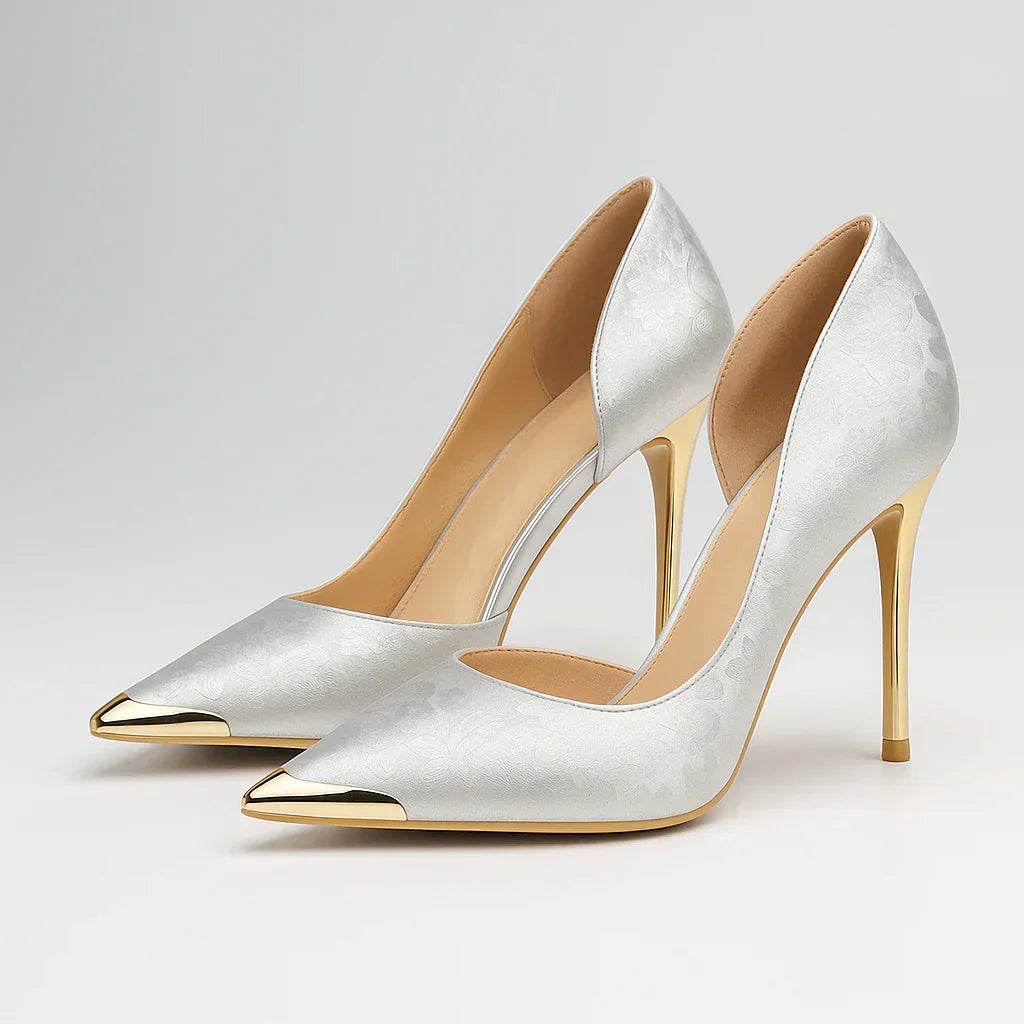Tacones Mujer De Satén Con Punta Dorada – Zapatos Elegantes Para Eventos