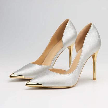 Tacones Mujer De Satén Con Punta Dorada – Zapatos Elegantes Para Eventos