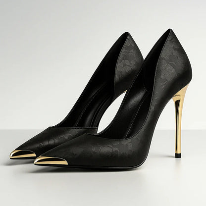 Tacones Mujer De Satén Con Punta Dorada – Zapatos Elegantes Para Eventos