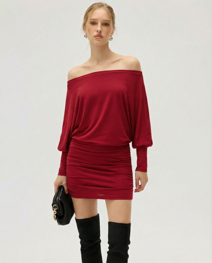 Noemí | Vestido Corto Fruncido de Hombros Caídos