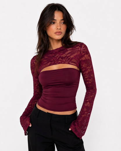 Flor | Top de Encaje con Cuello Alto y Manga Larga