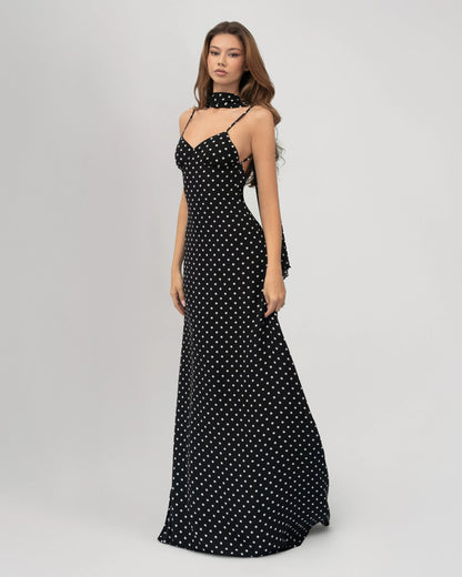 Andrea | Vestido Largo de Lunares con Pañuelo