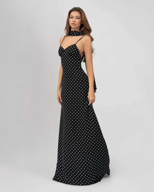 Andrea | Vestido Largo de Lunares con Pañuelo