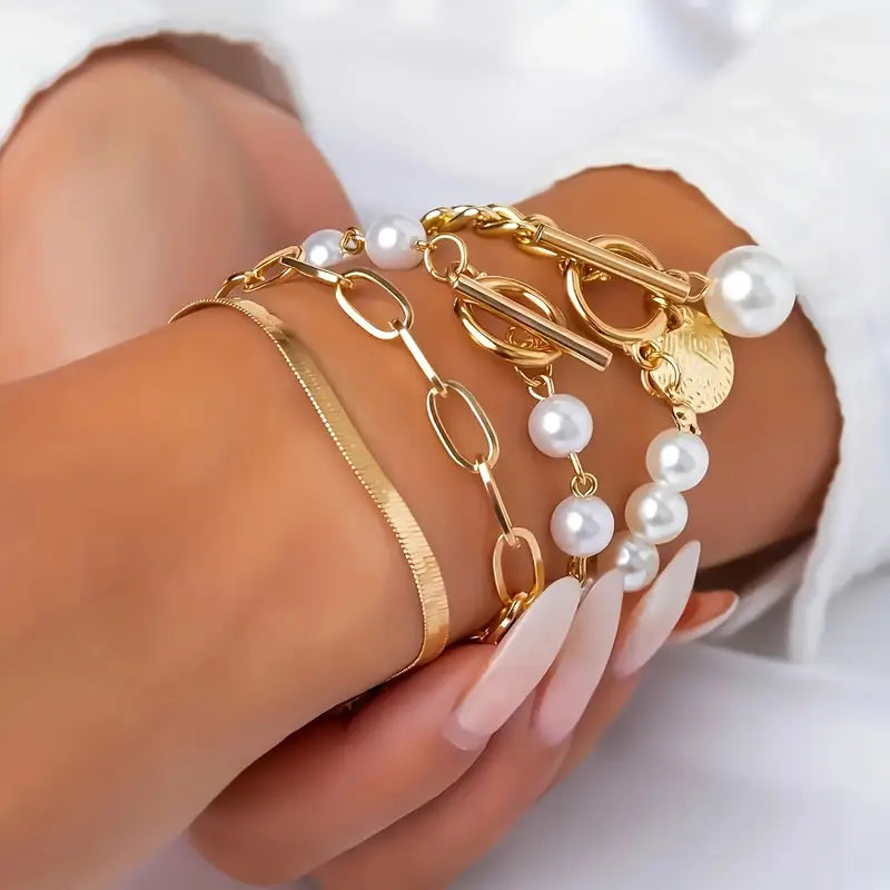 Set de 4 Pulseras | Serpiente, Perlas y Eslabones