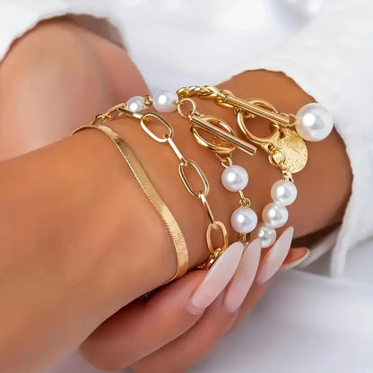 Set de 4 Pulseras | Serpiente, Perlas y Eslabones