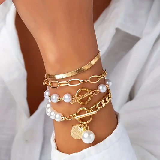 Set de 4 Pulseras | Serpiente, Perlas y Eslabones