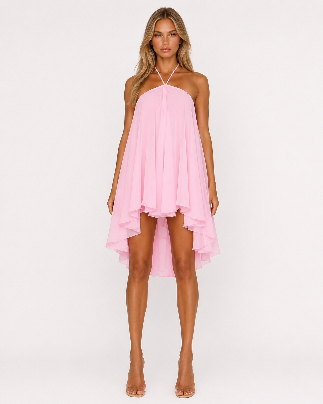 Clara | Vestido Corto de Gasa Halter con Bajo Asimétrico