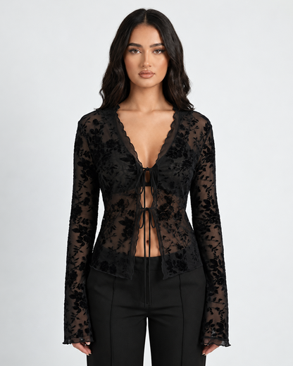 Virginia | Top Transparente de Malla con Terciopelo Floral