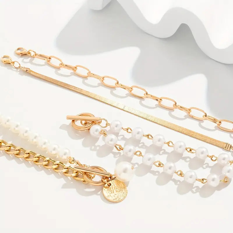 Set de 4 Pulseras | Serpiente, Perlas y Eslabones