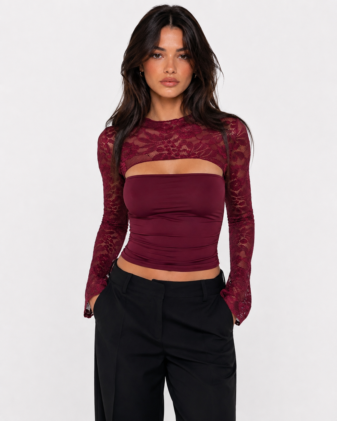 Flor | Top de Encaje con Cuello Alto y Manga Larga