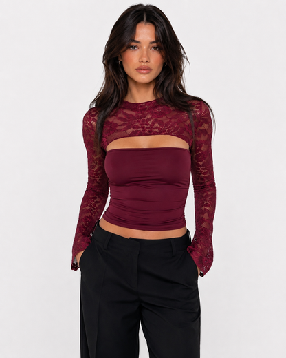 Flor | Top de Encaje con Cuello Alto y Manga Larga