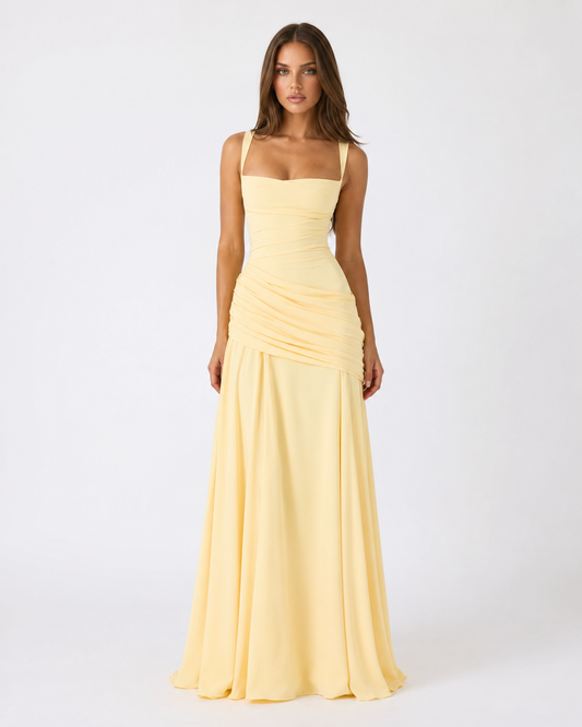 Valentina | Vestido Largo Drapeado de Escote Cuadrado