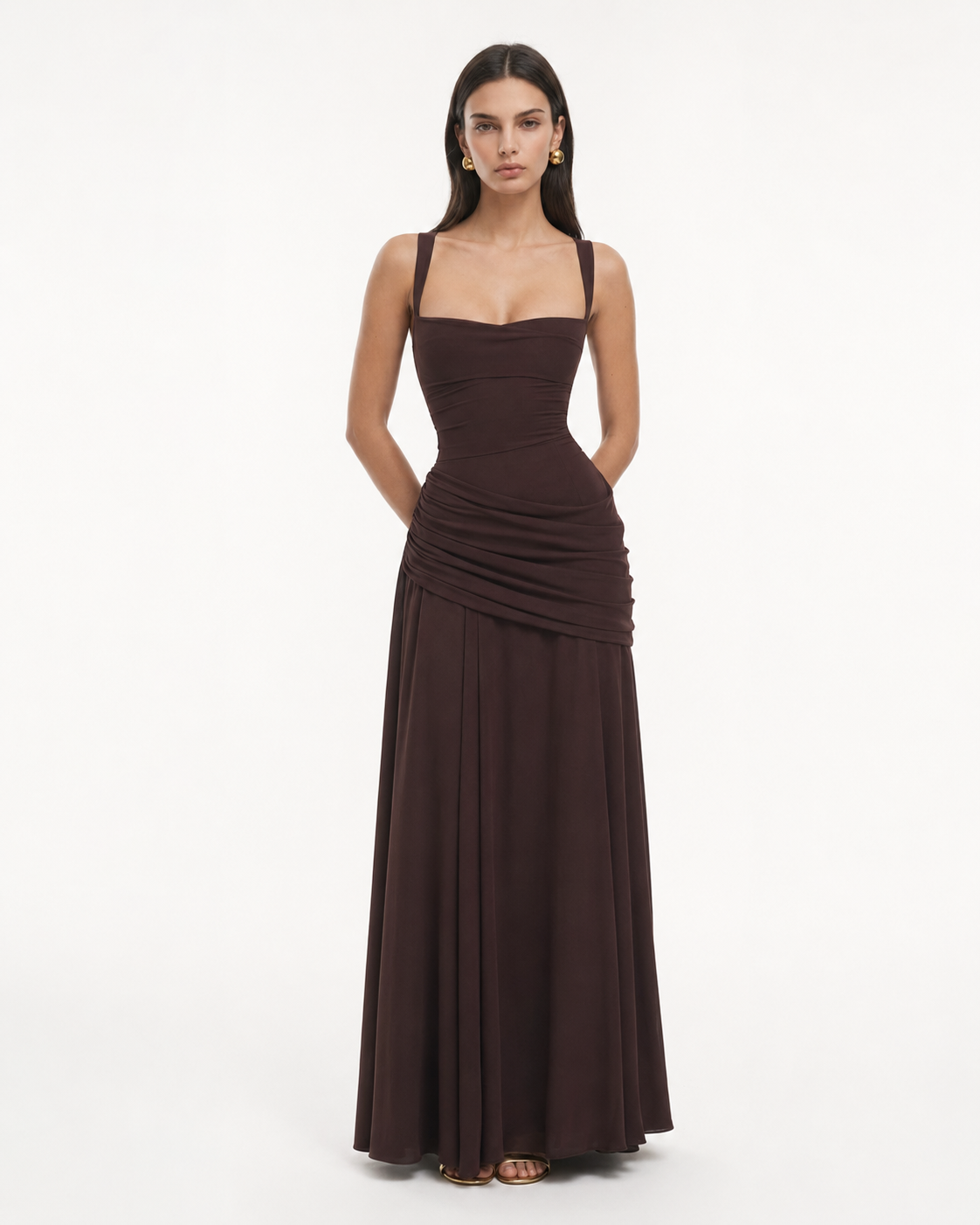 Valentina | Vestido Largo Drapeado de Escote Cuadrado