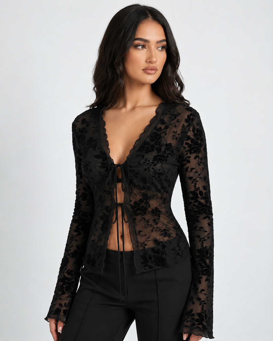 Virginia | Top Transparente de Malla con Terciopelo Floral