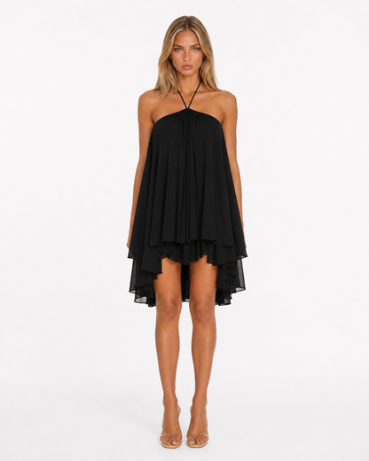 Clara | Vestido Corto de Gasa Halter con Bajo Asimétrico