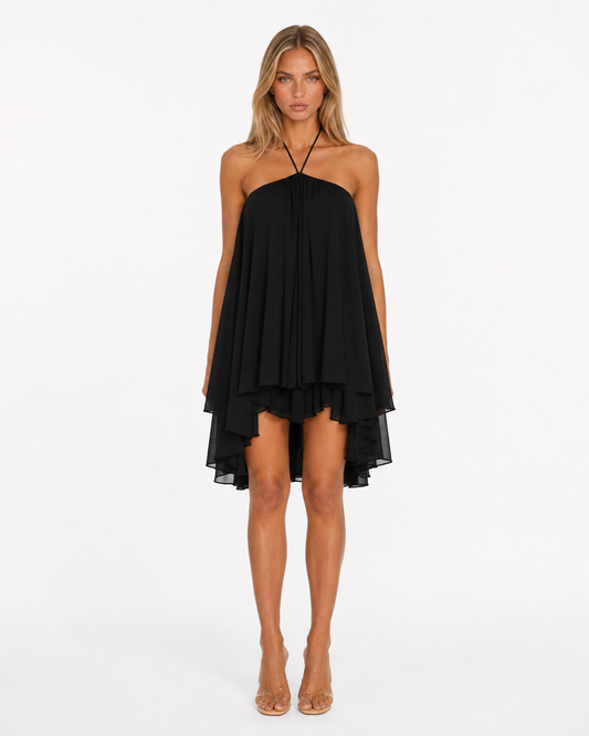 Clara | Vestido Corto de Gasa Halter con Bajo Asimétrico