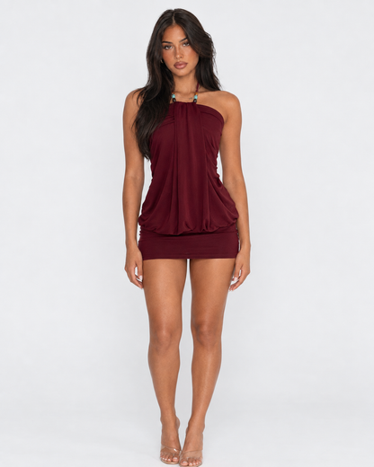 Zoe | Vestido Corto Halter Drapeado con Abalorios