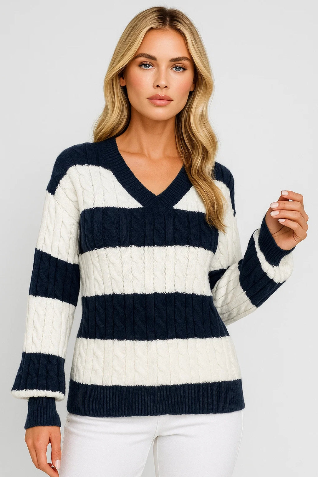 Mirelle | Jersey de Rayas con Cuello en V de Punto Grueso