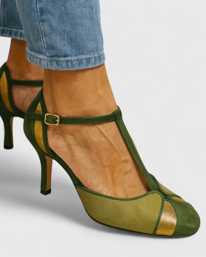 Sandalia de Tacón Ancho de Piel Verde