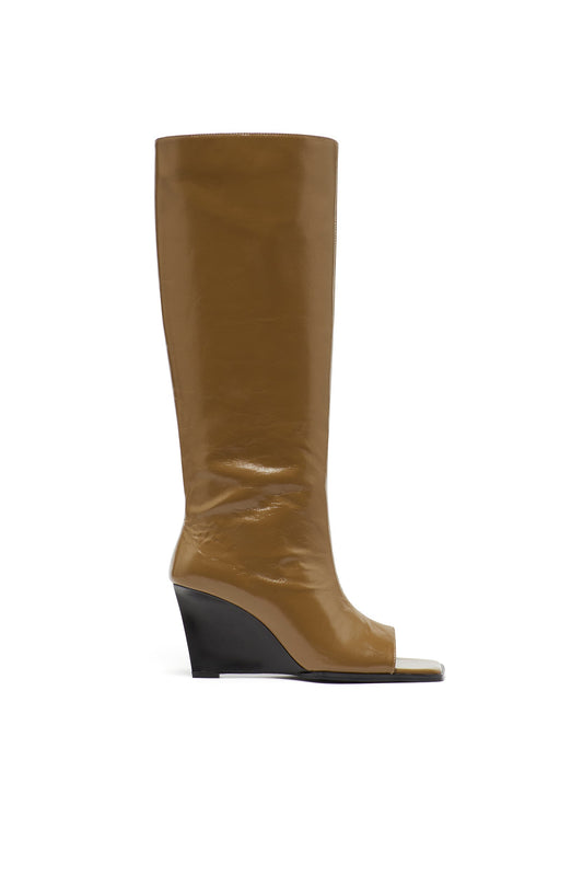 Bota de Cuña de Piel Craquelada Caramelo