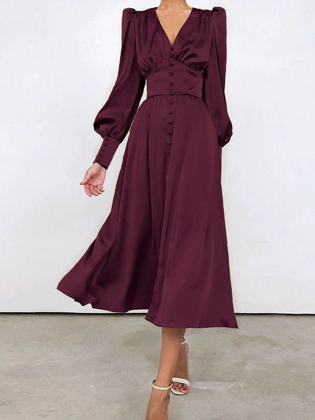Satin Solid Balloon Sleeve V Neck Midi Dress