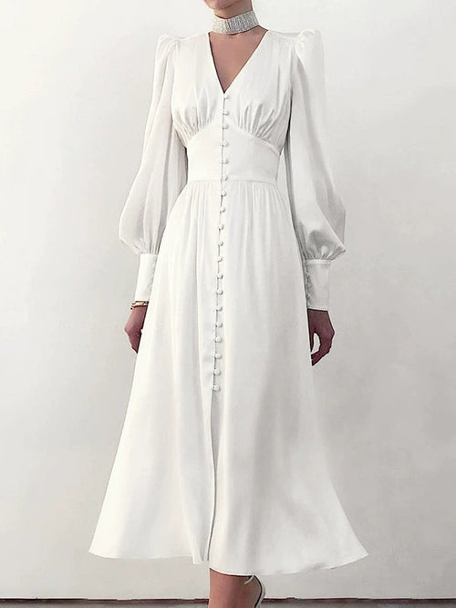 Satin Solid Balloon Sleeve V Neck Midi Dress