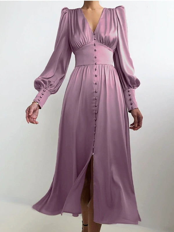 Satin Solid Balloon Sleeve V Neck Midi Dress