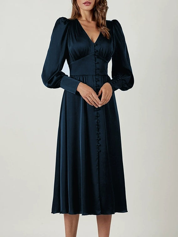 Satin Solid Balloon Sleeve V Neck Midi Dress