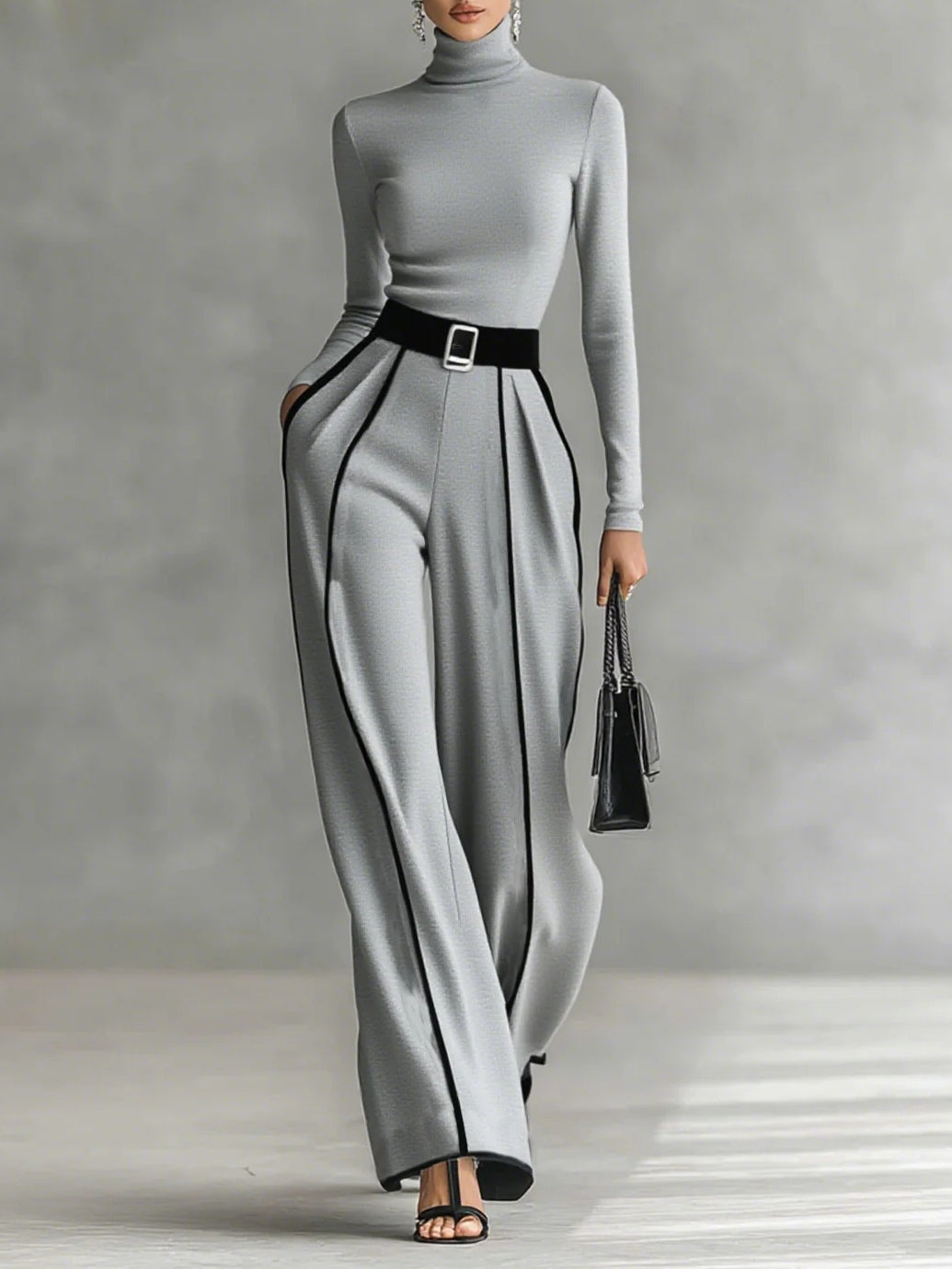 Conjunto de top de manga larga y cuello alto con ribete blanco, pantalón de pierna ancha y cinturón