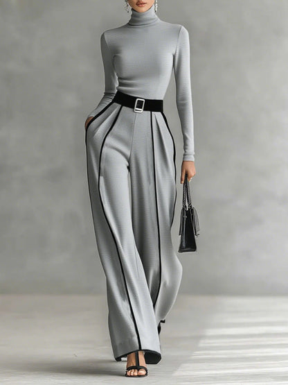 Conjunto de top de manga larga y cuello alto con ribete blanco, pantalón de pierna ancha y cinturón