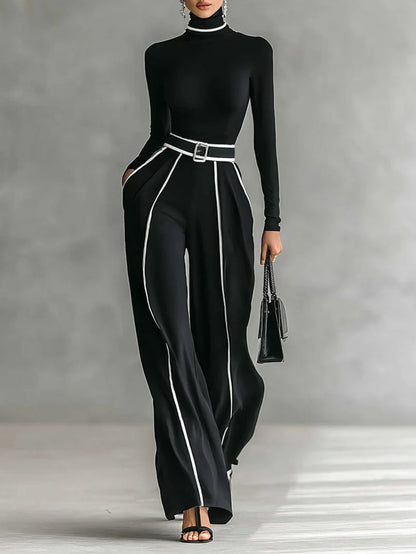 Conjunto de top de manga larga y cuello alto con ribete blanco, pantalón de pierna ancha y cinturón