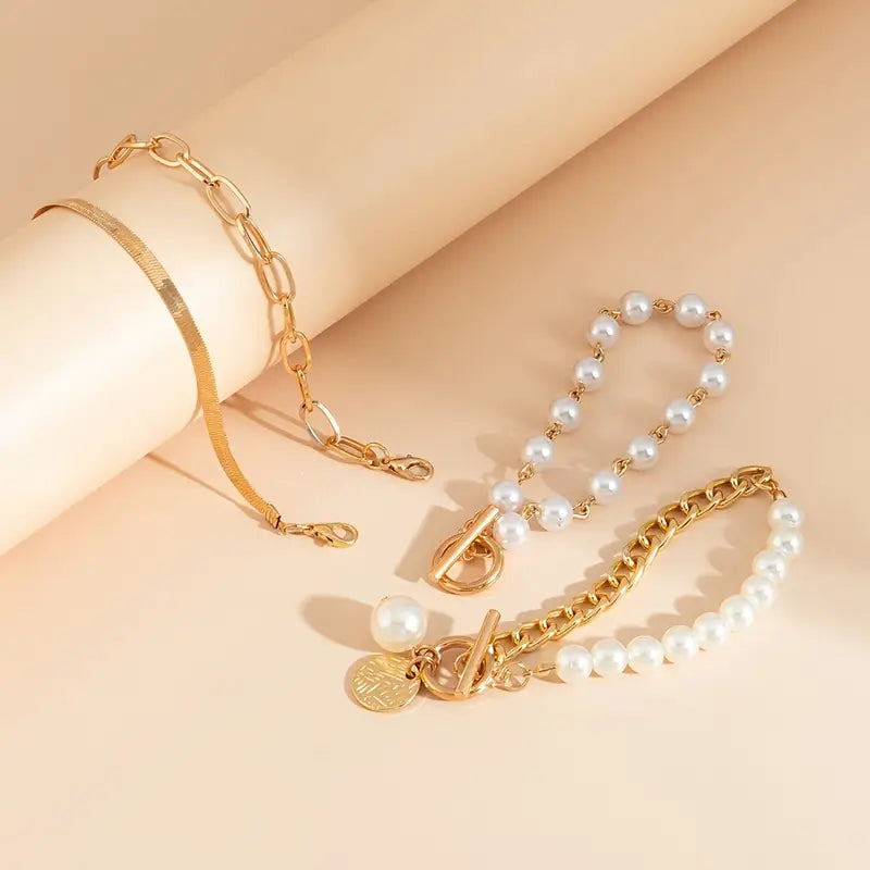 Set de 4 Pulseras | Serpiente, Perlas y Eslabones