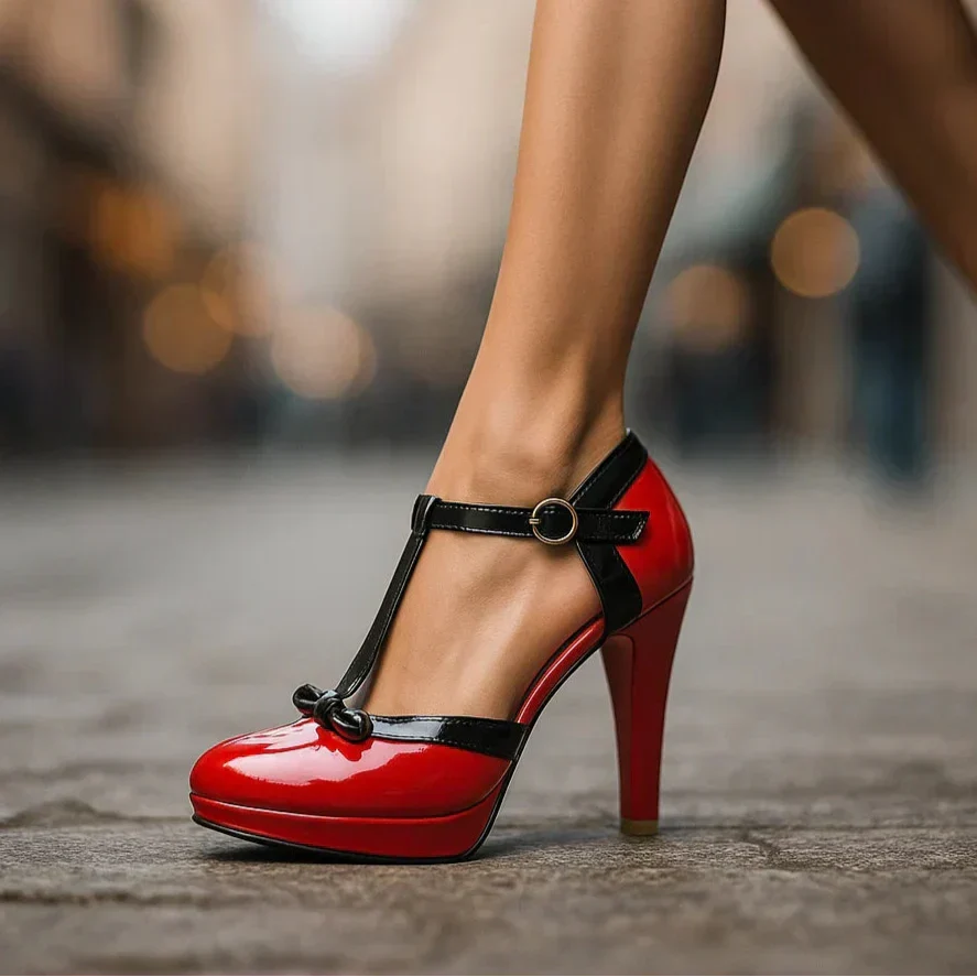 Zapato de Tacón de Piel con Lazo y Pulsera