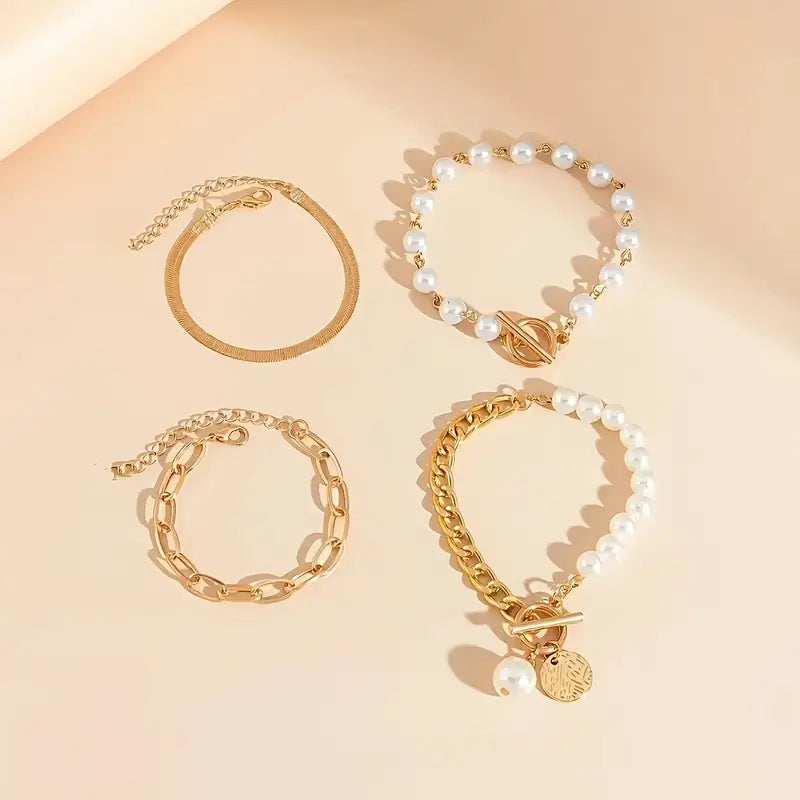 Set de 4 Pulseras | Serpiente, Perlas y Eslabones
