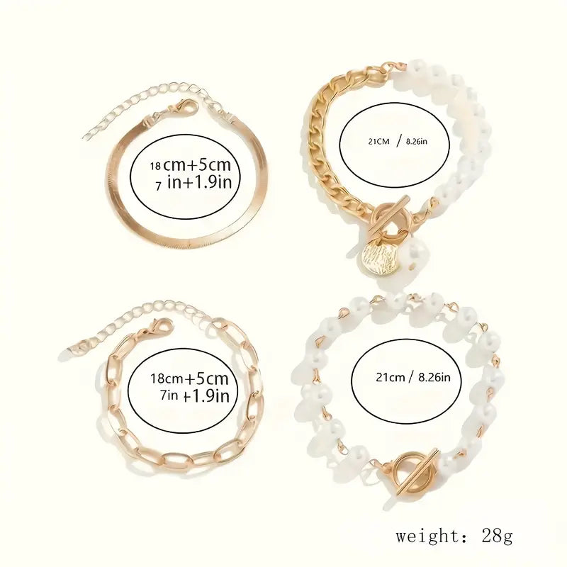 Set de 4 Pulseras | Serpiente, Perlas y Eslabones
