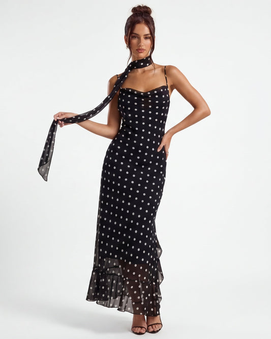 Ainhoa | Vestido Largo de Lunares con Bajo de Gasa