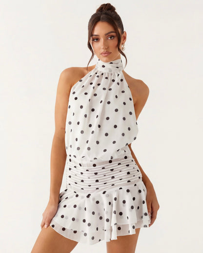 Susana | Vestido Corto Halter de Lunares con Volantes