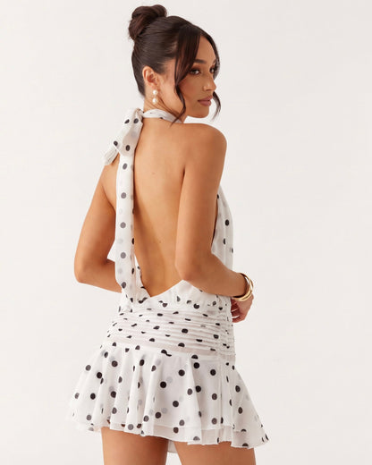 Susana | Vestido Corto Halter de Lunares con Volantes