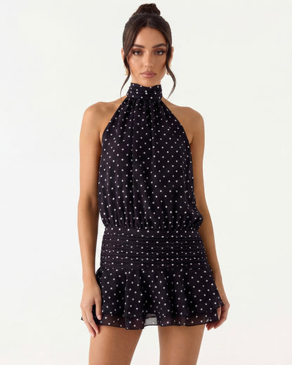 Susana | Vestido Corto Halter de Lunares con Volantes