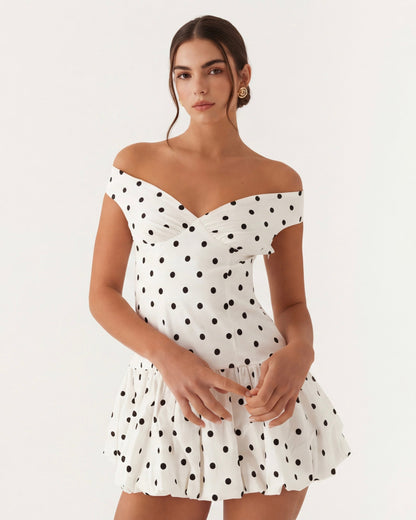 Nuria | Vestido Corto de Lunares con Hombros Caídos
