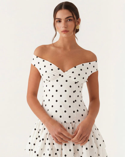 Nuria | Vestido Corto de Lunares con Hombros Caídos