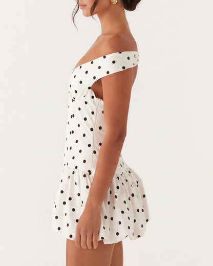 Nuria | Vestido Corto de Lunares con Hombros Caídos