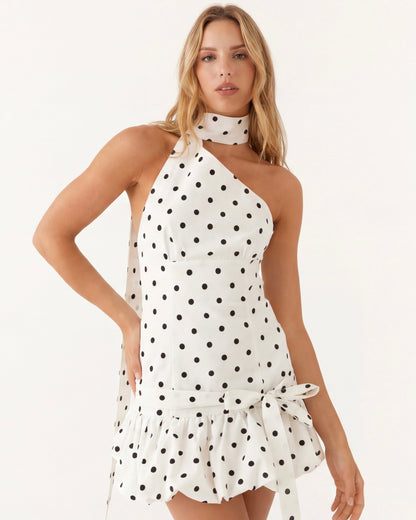 Yolanda | Vestido Corto Halter de Lunares con Lazada Lateral