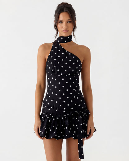 Yolanda | Vestido Corto Halter de Lunares con Lazada Lateral