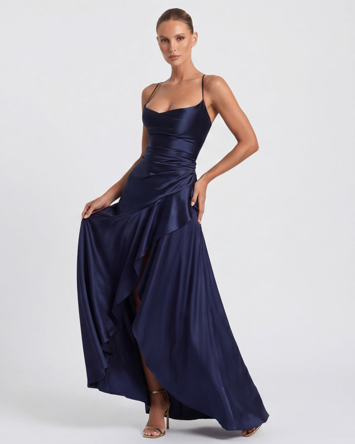 Mercedes | Vestido Largo de Cuello Drapeado con Abertura