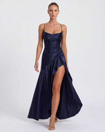 Mercedes | Vestido Largo de Cuello Drapeado con Abertura
